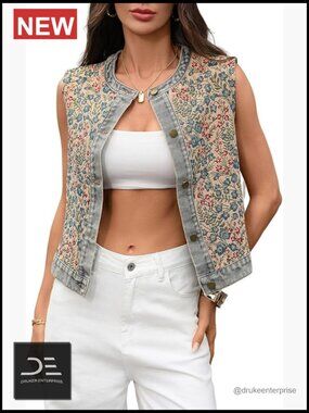 Floral Denim Vest Sleeveless Jean Jacket Button Down Embroidered Waistcoat